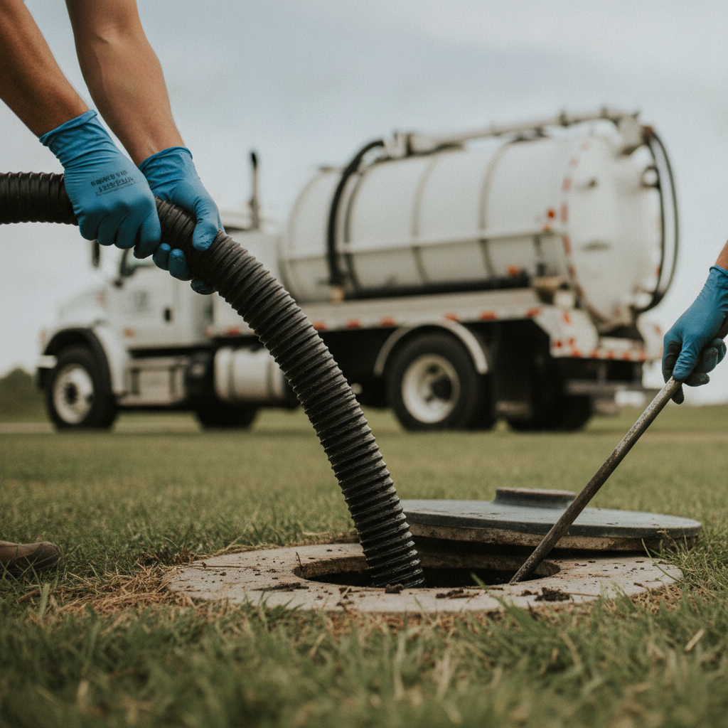 a technician doing Septic Pumping, focus on the hand doing Septic Pumping
